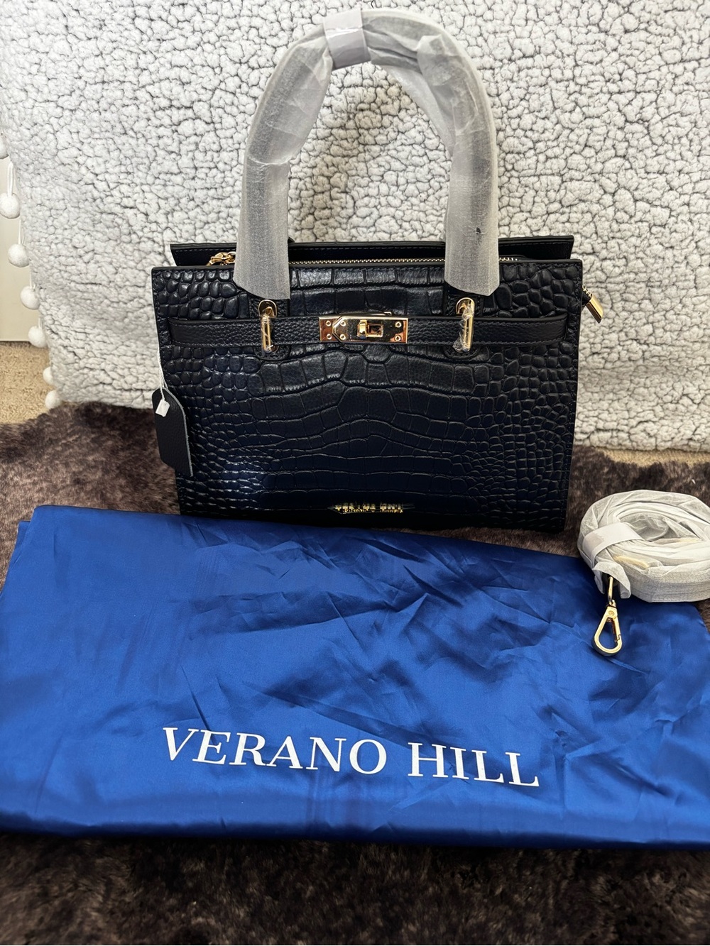 Verano Hill Navy Blue Croc-Embossed Satchel with Gold Accents
